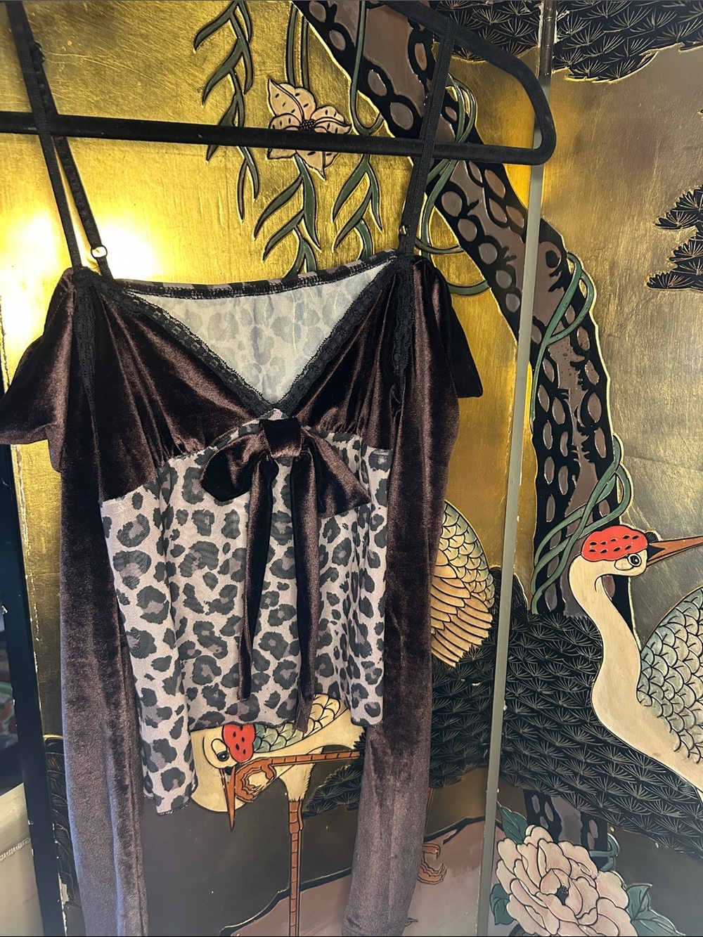 Velvet Leopard-Print Satin Tie-Front Chemise in Dark Brown